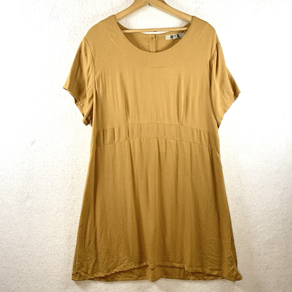 FLAX Womens 100%‎ Rayon Tunic Dress Sz M Mustard Lagenlook Boho Artsy Flowy